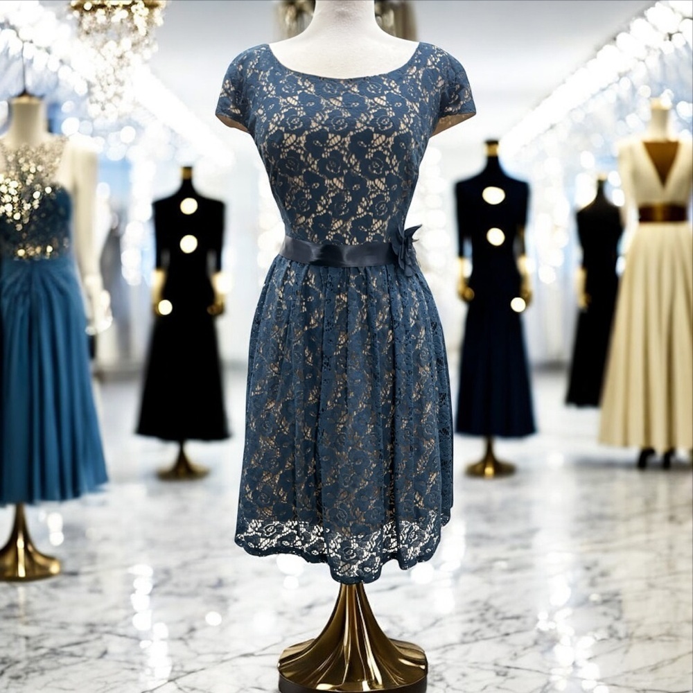 Pompous Girly Navy Crochet Cut Out Floral Overlay Dress